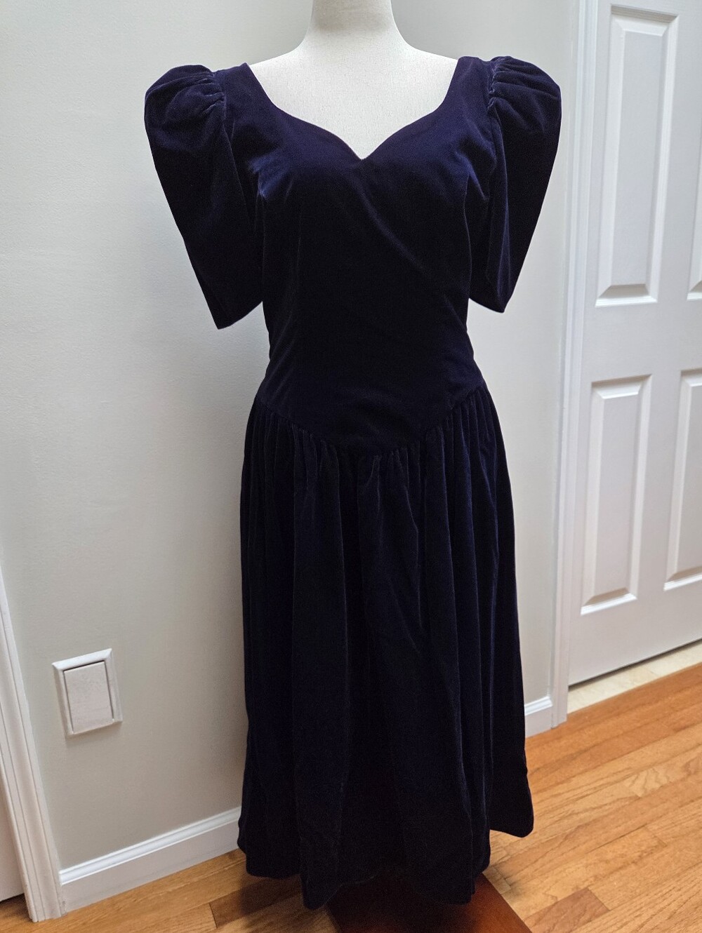 Alfred Angelo Black Velvet Puff Sleeve Midi Dress Vtg Romantic
